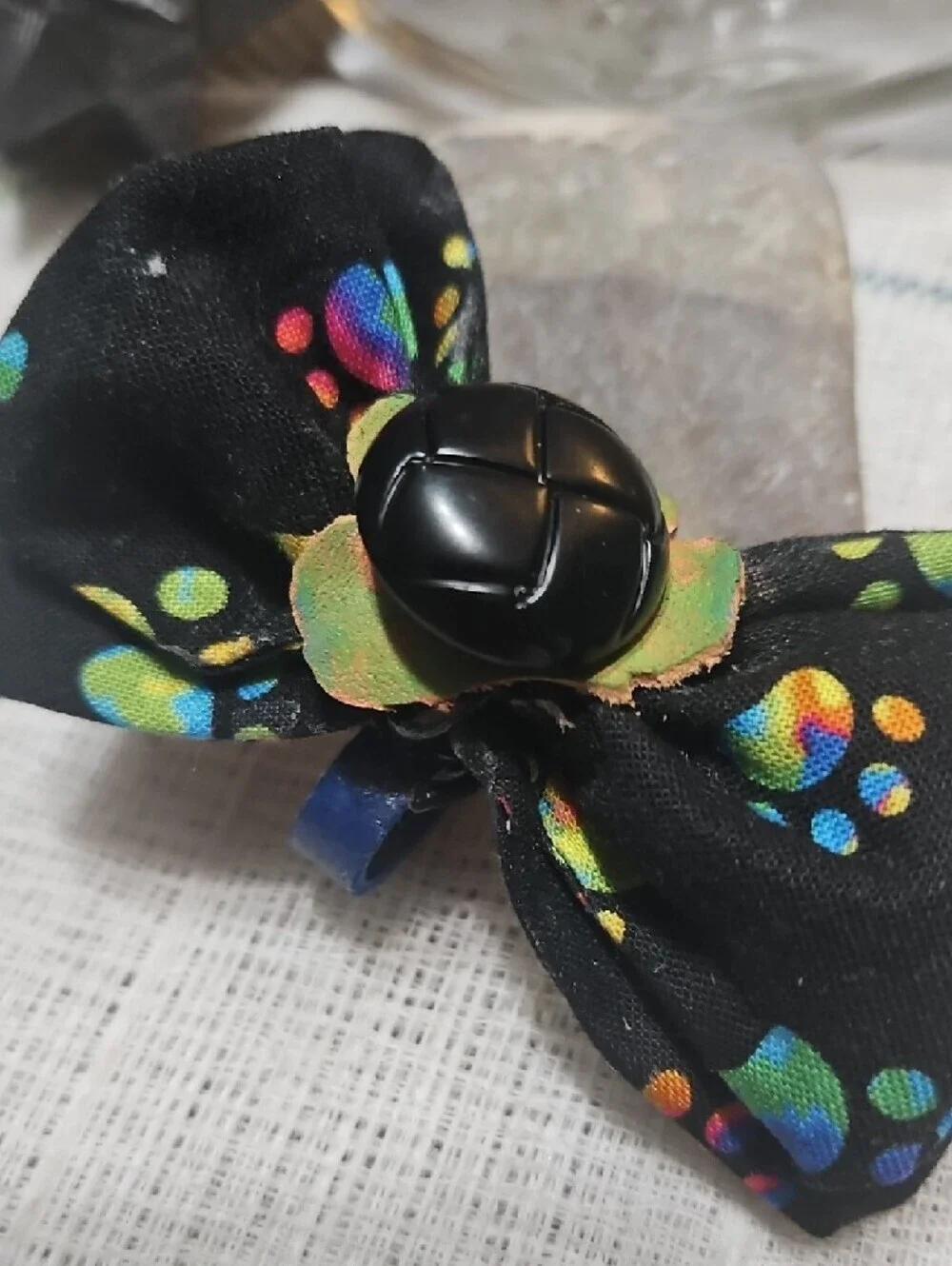 Handmade Black Dog Collar Bow Tie Neon Paw Prints Black Button NEW